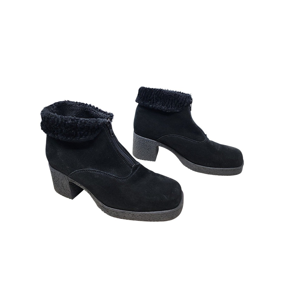 Nexday Canadienne Ankle Boots 9.5 Women Black Faux Fur Zip Block Heel Y2K Retro